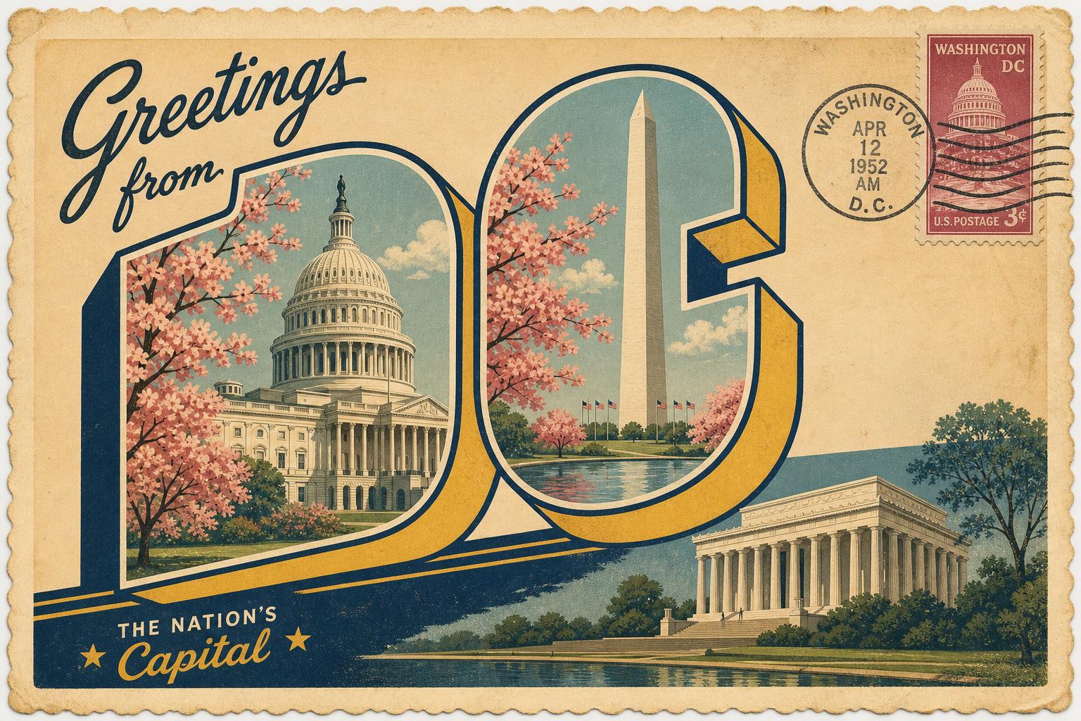 Greetings from DC vintage postcard featuring the Capitol, Washington Monument, and Lincoln Memorial